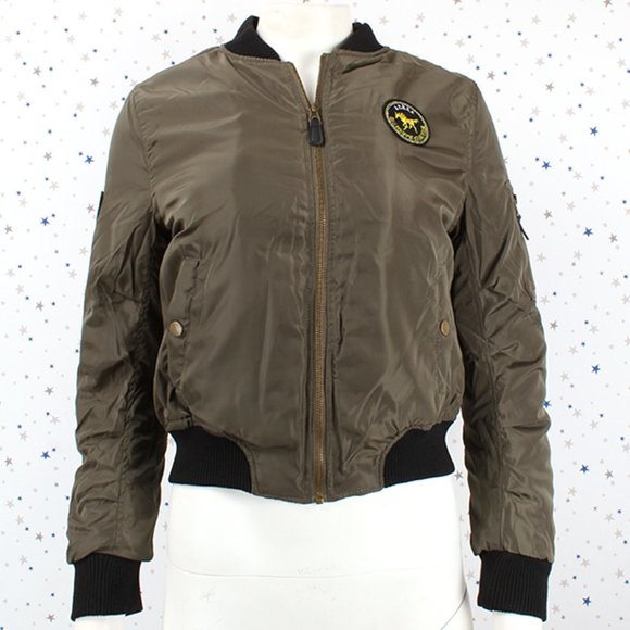 Fur Lined Short Bomber Jacket Patches Olive - Picture 2 of 8